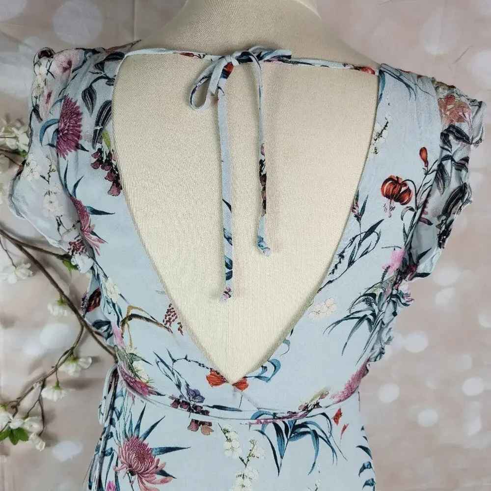 WILLOW & CLAY Blue Granny Floral Print Wrap Midi Dress Ruffle Sleeve Boho Chic